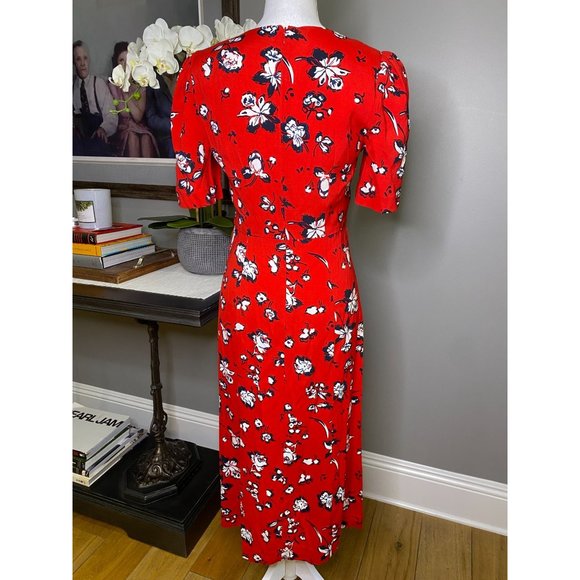 Veronica Beard Joia Red Multi Floral Print V-Neck Midi Dress Women's Size 2 - Picture 9 of 12